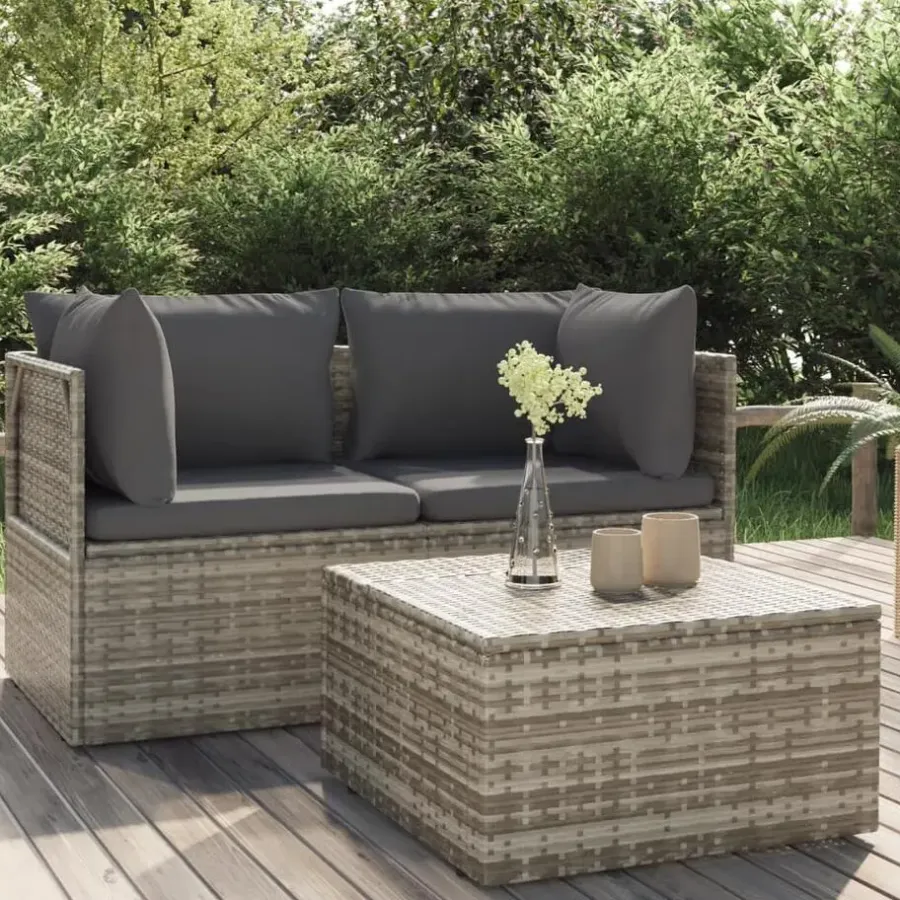 Loungesets-vidaXL - Loungeset - Grijs - Poly rattan - 3 stuks - Met kussens