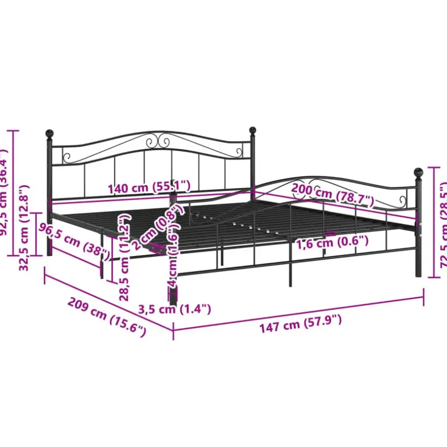 vidaXL - Meatlen bed frame - Zwart - Metaal - 140x200 cm