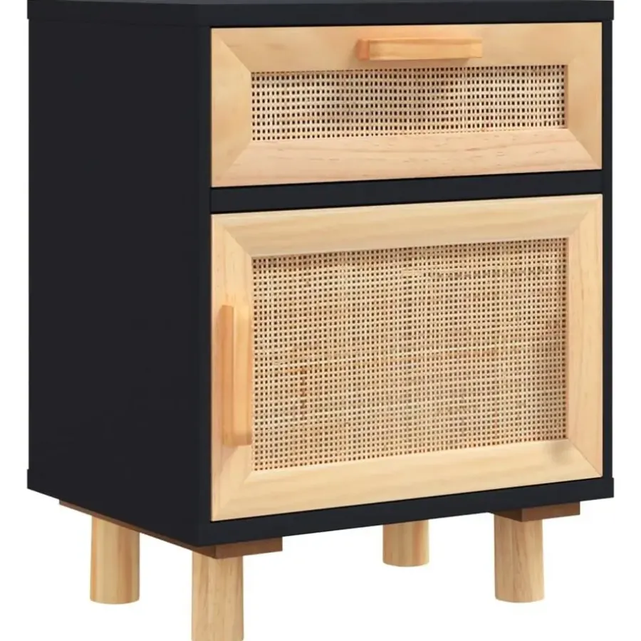 Nachtkastjes|Nachtkastjes-vidaXL - Nachtkastjes - Zwart - Grenenhout en natuurlijk rattan - 2 stuks
