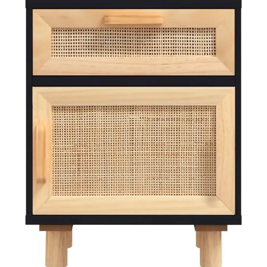 Nachtkastjes|Nachtkastjes-vidaXL - Nachtkastjes - Zwart - Grenenhout en natuurlijk rattan - 2 stuks
