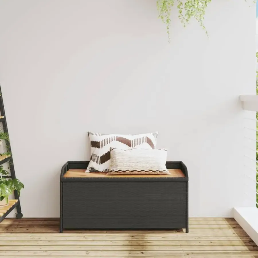 Loungebanken-vidaXL - Opbergbankje zwart - Poly rattan en acaciahout - 100x50x52 cm