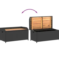 Loungebanken-vidaXL - Opbergbankje zwart - Poly rattan en acaciahout - 100x50x52 cm