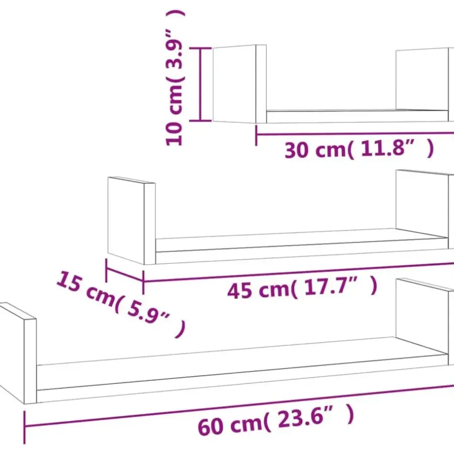 vidaXL - Plank - Grijs - Bewerkt hout - 60 x 15 x 10 cm - 3 stuks