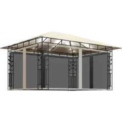 Terrasoverkappingen-vidaXL - Prieel Met Lichtslinger - Crème - Stof - 4 x 3 x 2.73 m