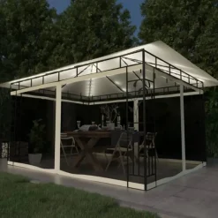 Terrasoverkappingen-vidaXL - Prieel Met Lichtslinger - Crème - Stof - 4 x 3 x 2.73 m