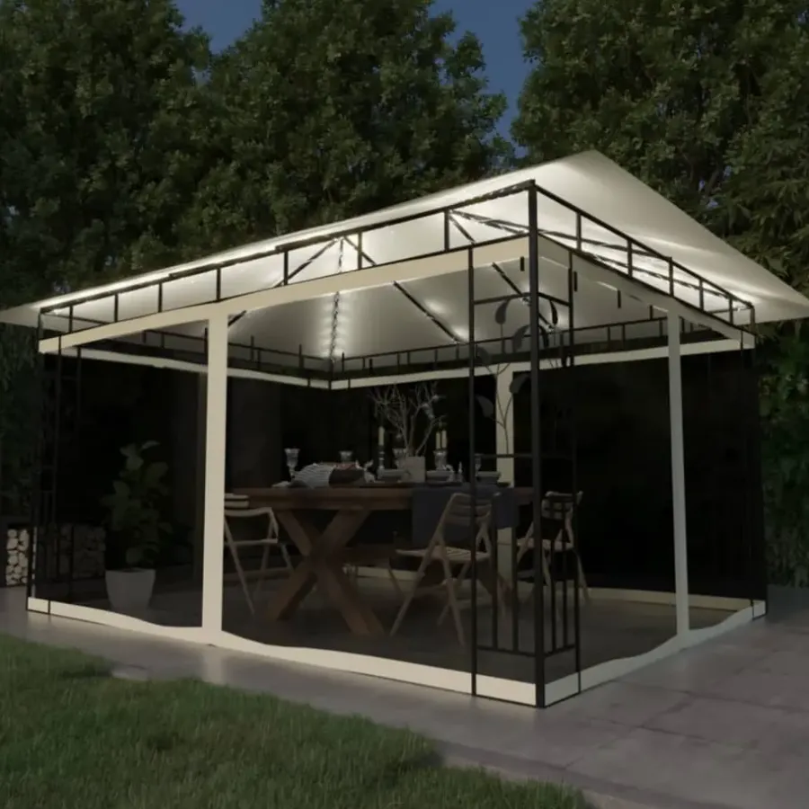 Terrasoverkappingen-vidaXL - Prieel Met Lichtslinger - Crème - Stof - 4 x 3 x 2.73 m