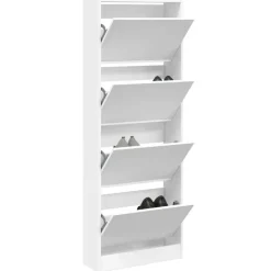 Schoenenkasten-vidaXL - Schoenenkast 8 paar met 4 kleppen - Wit - Bewerkt hout - 60x21x163.5 cm