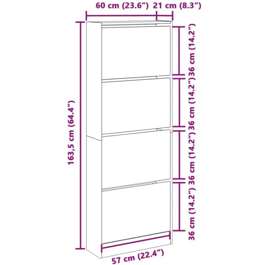 Schoenenkasten-vidaXL - Schoenenkast 8 paar met 4 kleppen - Wit - Bewerkt hout - 60x21x163.5 cm