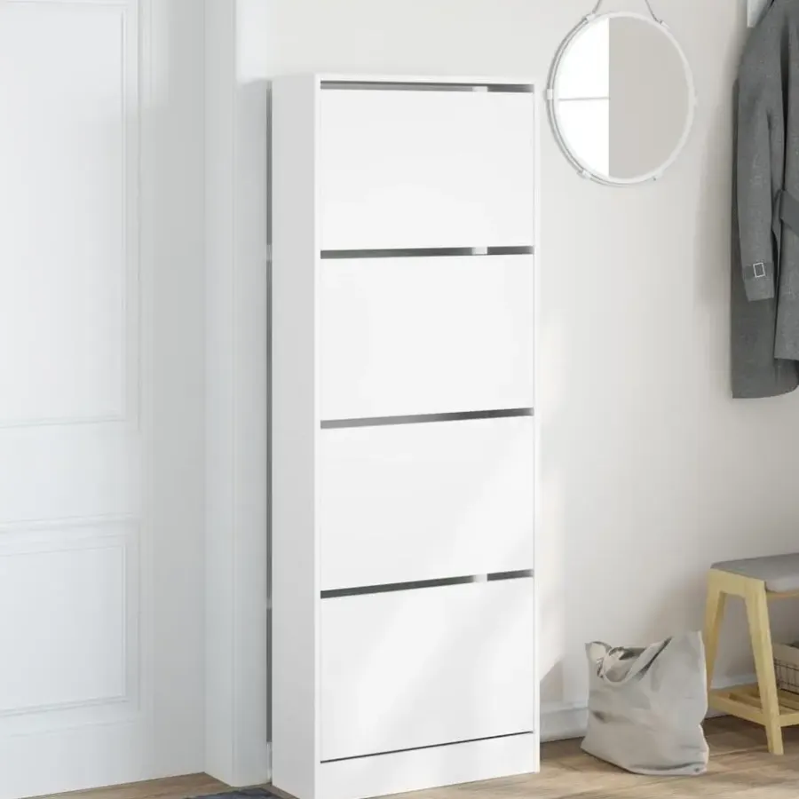 Schoenenkasten-vidaXL - Schoenenkast 8 paar met 4 kleppen - Wit - Bewerkt hout - 60x21x163.5 cm