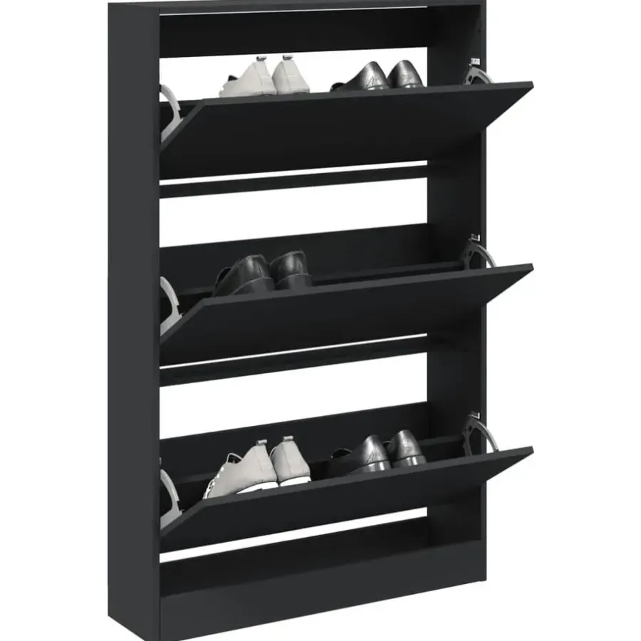 Schoenenkasten-vidaXL - Schoenenkast 9 paar met 3 kleppen - Zwart - Hout - 80x21x125.5 cm