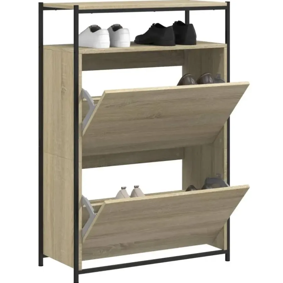 Schoenenkasten-vidaXL - Schoenenkast 9 paar met 2 kleppen - Sonoma eiken - Hout - 75x34x112 cm