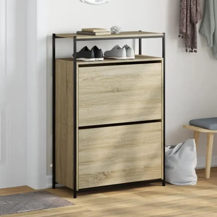 Schoenenkasten-vidaXL - Schoenenkast 9 paar met 2 kleppen - Sonoma eiken - Hout - 75x34x112 cm