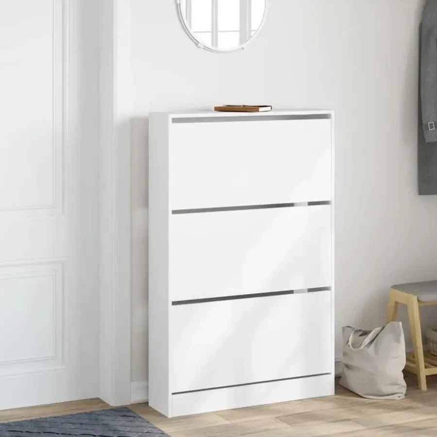 Schoenenkasten-vidaXL - Schoenenkast 9 paar met 3 kleppen - Wit - Bewerkt hout - 80x21x125.5 cm
