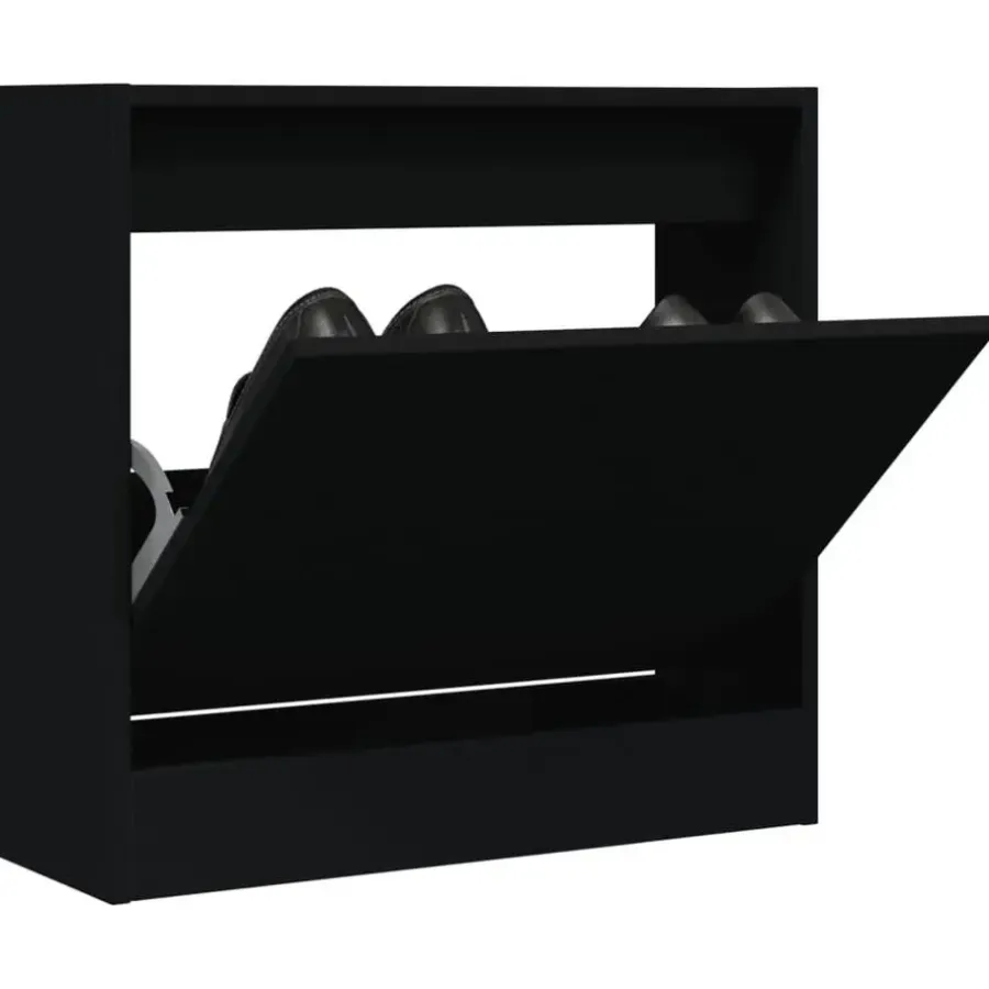 Schoenenkasten-vidaXL - Schoenenkast 2 paar met 1 klep - Zwart - Bewerkt hout - 60x21x57 cm