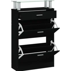 Schoenenkasten-vidaXL - Schoenenkast 4 paar met 3 kleppen en lade - Zwart met glazen bovenblad