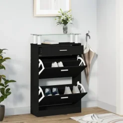 Schoenenkasten-vidaXL - Schoenenkast 4 paar met 3 kleppen en lade - Zwart met glazen bovenblad