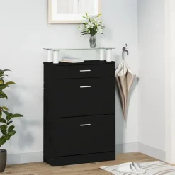 Schoenenkasten-vidaXL - Schoenenkast 4 paar met 3 kleppen en lade - Zwart met glazen bovenblad