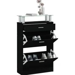 Schoenenkasten-vidaXL - Schoenenkast 4 paar met 3 kleppen en lade - Zwart met glazen bovenblad