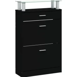 Schoenenkasten-vidaXL - Schoenenkast 4 paar met 3 kleppen en lade - Zwart met glazen bovenblad