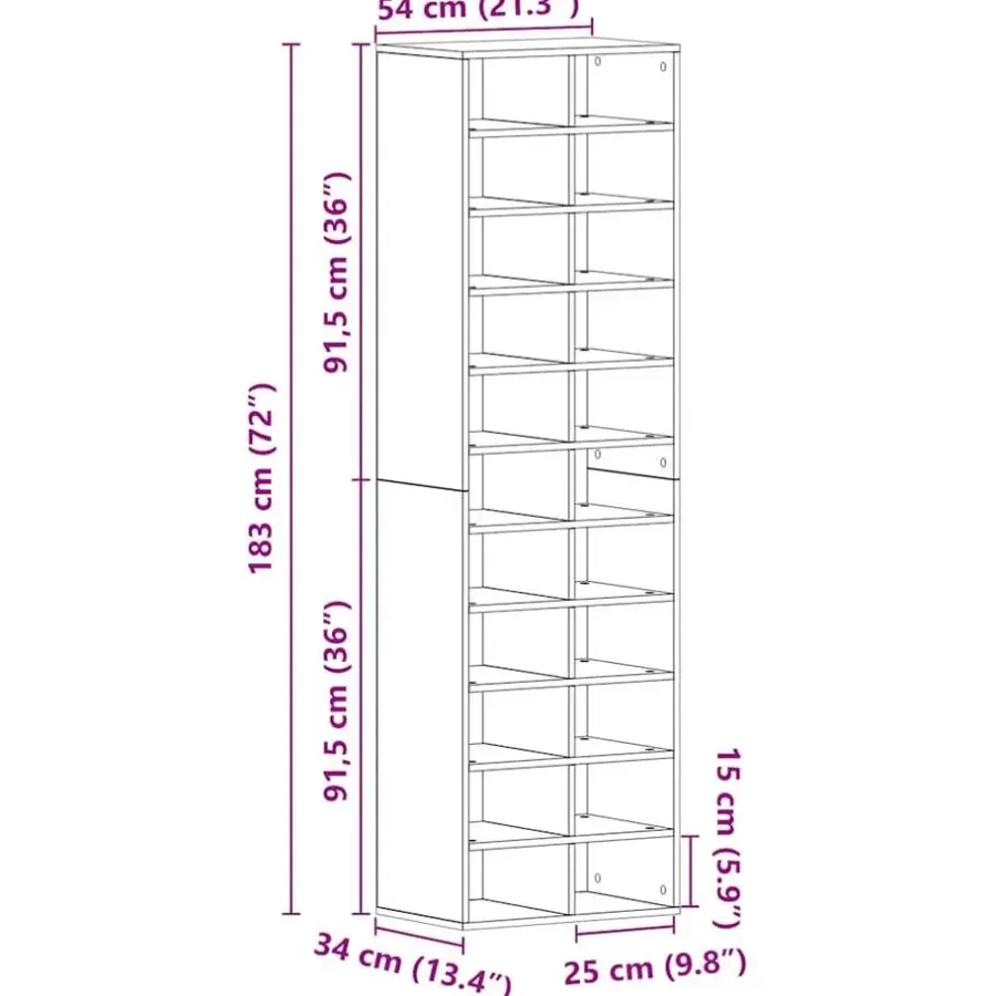 vidaXL - Schoenenkast - Zwart eiken - Bewerkt hout - 22 paar - 54x34x183 cm