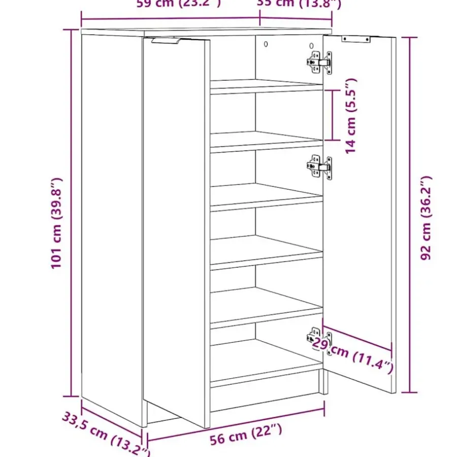 vidaXL - Schoenenkast met 2 deuren - Hoogglans wit - Hout - 59x35x100.5 cm