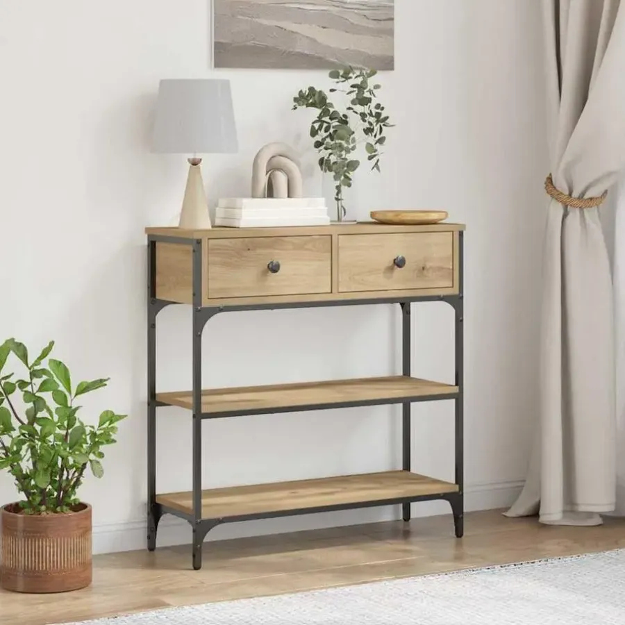 Sidetables-vidaXL - Sidetable met 2 lades 2 schappen - Artisanaal eiken - Hout - 72.5 cm