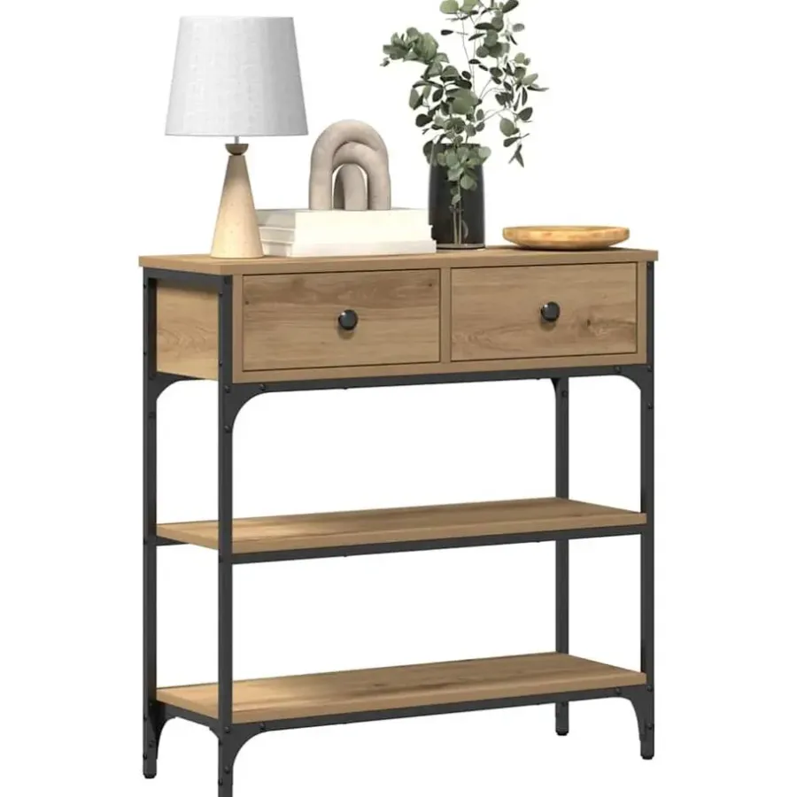 Sidetables-vidaXL - Sidetable met 2 lades 2 schappen - Artisanaal eiken - Hout - 72.5 cm