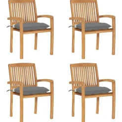 Tuinstoelen-vidaXL - Stapelstoelen - Kussens - Grijs - Hout - 4 stuks