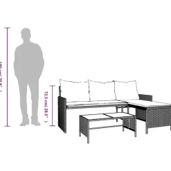 Loungesets-vidaXL - Tuinbank - Bruin - Poly rattan - L-vormig - Met tafel en kussens