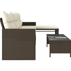 Loungesets-vidaXL - Tuinbank - Bruin - Poly rattan - L-vormig - Met tafel en kussens