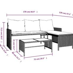 Loungesets-vidaXL - Tuinbank - Bruin - Poly rattan - L-vormig - Met tafel en kussens