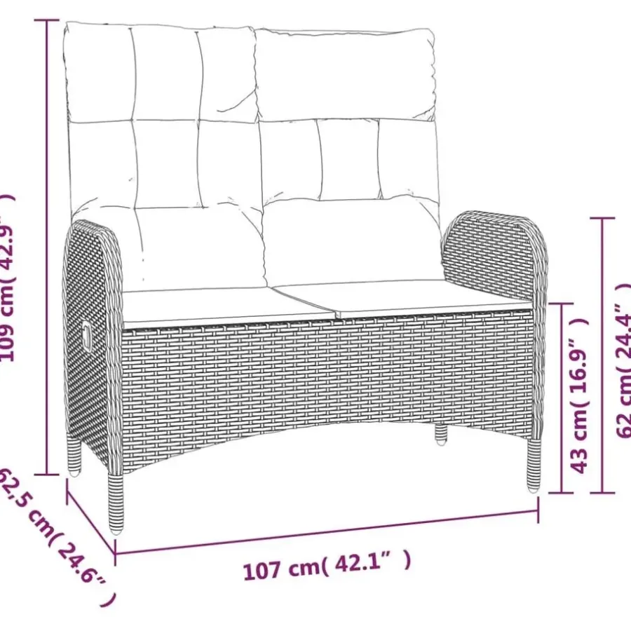 vidaXL - Tuinbank - Zwart - Poly rattan - 107 cm - Verstelbaar