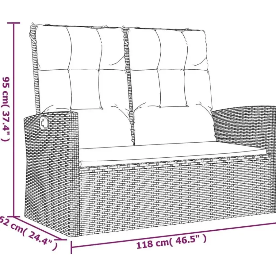 Loungebanken-vidaXL - Tuinbank - Zwart - Poly rattan - 118 cm - Verstelbaar - Met kussens