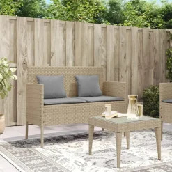 Loungebanken-vidaXL - Tuinbank met grijs kussens - Beige poly rattan - 113x61x87 cm