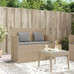 vidaXL - Tuinbank met grijs kussens - Beige poly rattan - 120x50x90.5 cm