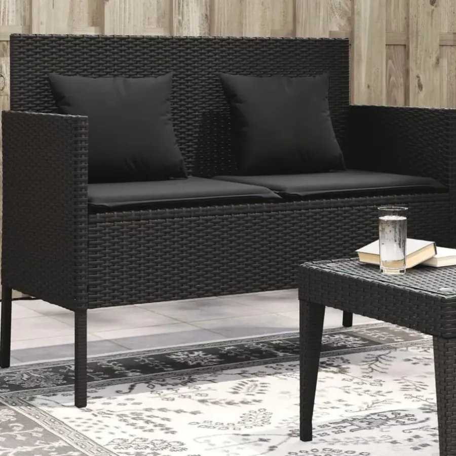 vidaXL - Tuinbank met kussens - Zwart - Poly rattan - 113x61x87 cm