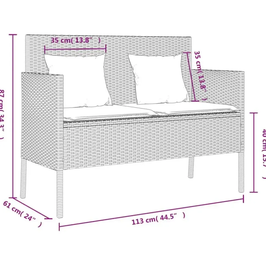 vidaXL - Tuinbank met kussens - Zwart - Poly rattan - 113x61x87 cm