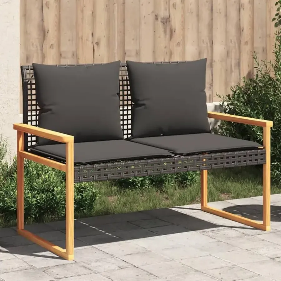 Loungebanken-vidaXL - Tuinbank met kussens - Zwart - Poly rattan en acaciahout - 119x61x79 cm