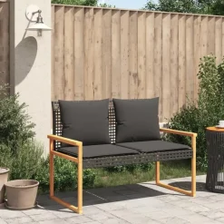 Loungebanken-vidaXL - Tuinbank met kussens - Zwart - Poly rattan en acaciahout - 119x61x79 cm