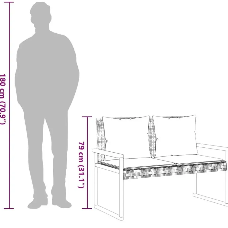 Loungebanken-vidaXL - Tuinbank met kussens - Zwart - Poly rattan en acaciahout - 119x61x79 cm