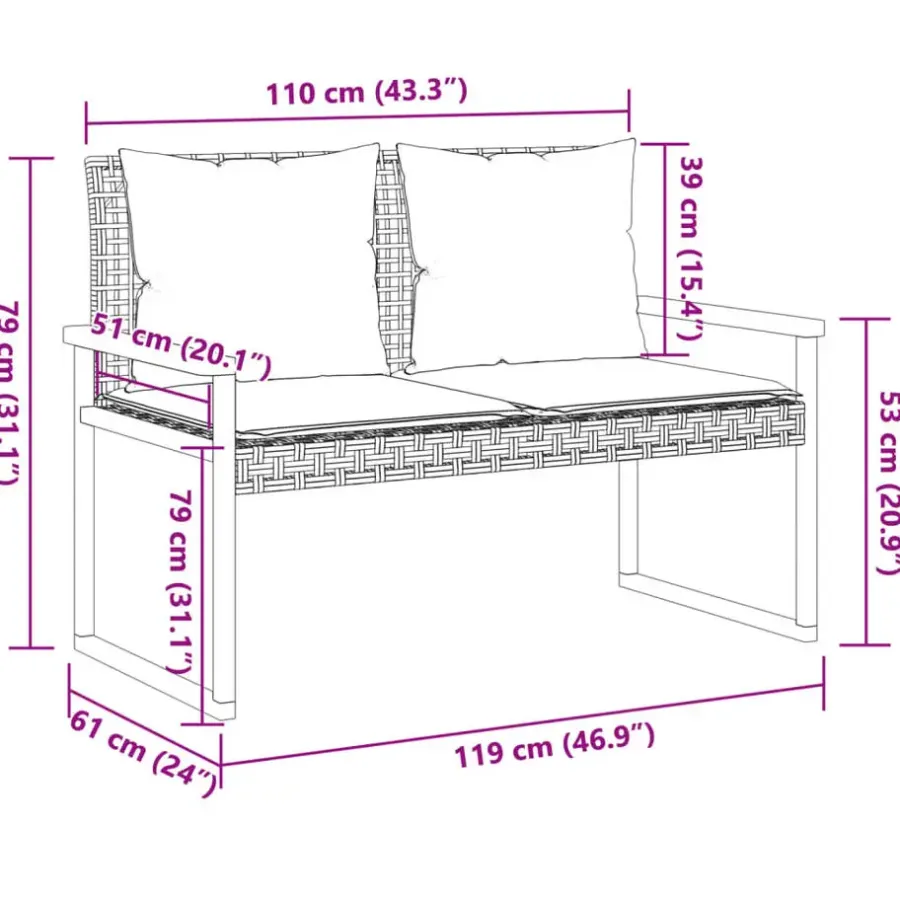 Loungebanken-vidaXL - Tuinbank met kussens - Zwart - Poly rattan en acaciahout - 119x61x79 cm