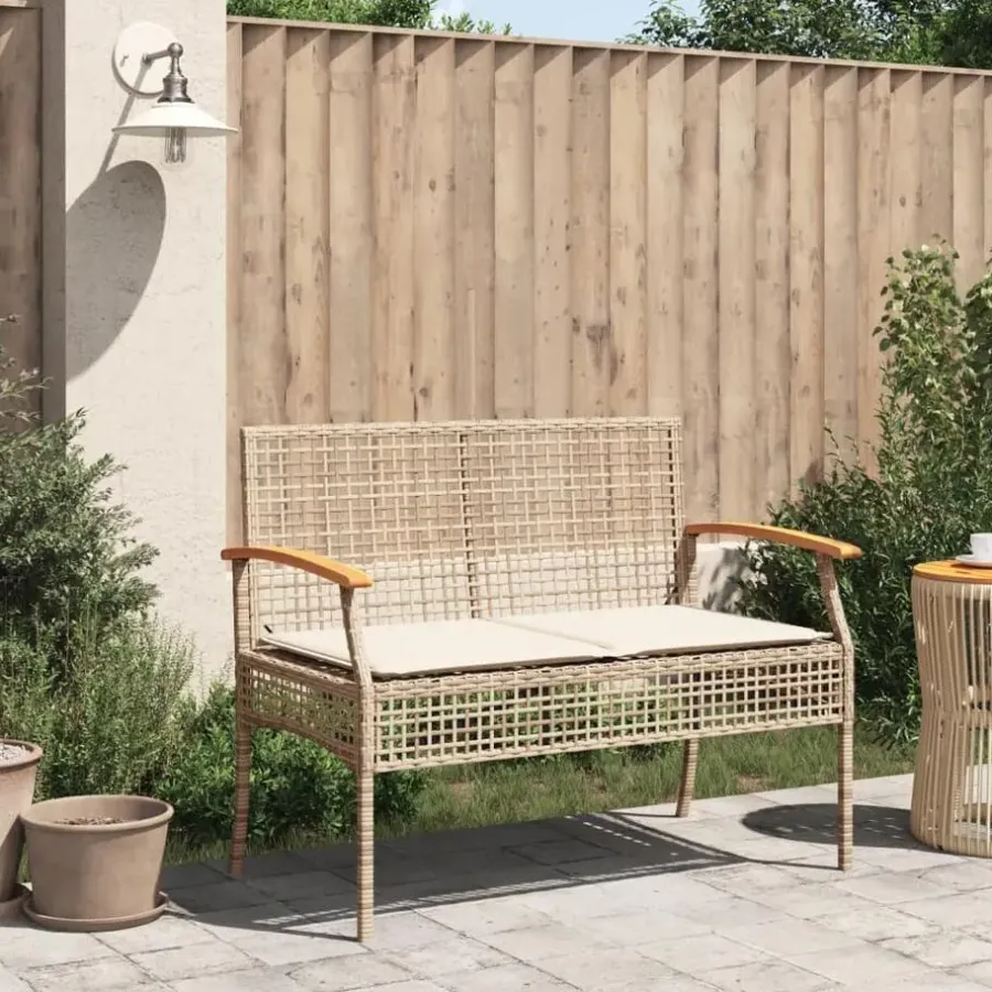 Loungebanken-vidaXL - Tuinbank met kussen - Beige - Poly rattan en acaciahout - 108x57x85 cm