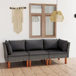Loungebanken-vidaXL - Tuinbank 3-sits - Grijs - Rattan - Met kussens