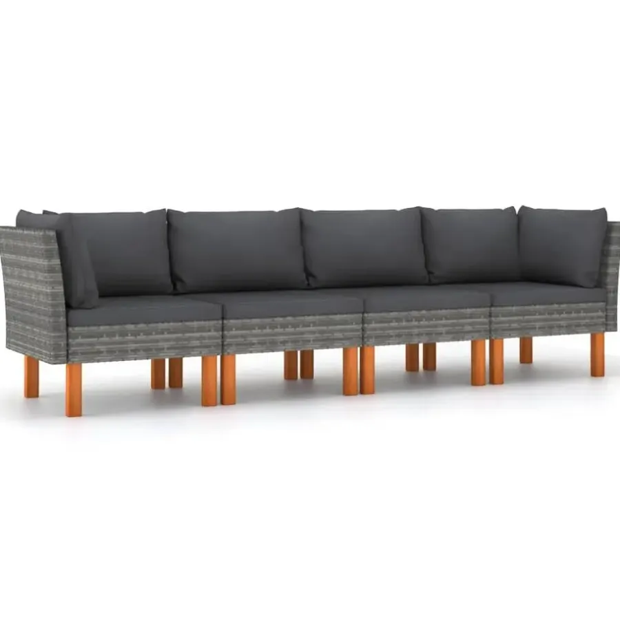 Loungebanken-vidaXL - Tuinbank 4-sits - Grijs - Poly rattan -Met kussens