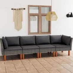Loungebanken-vidaXL - Tuinbank 4-sits - Grijs - Poly rattan -Met kussens
