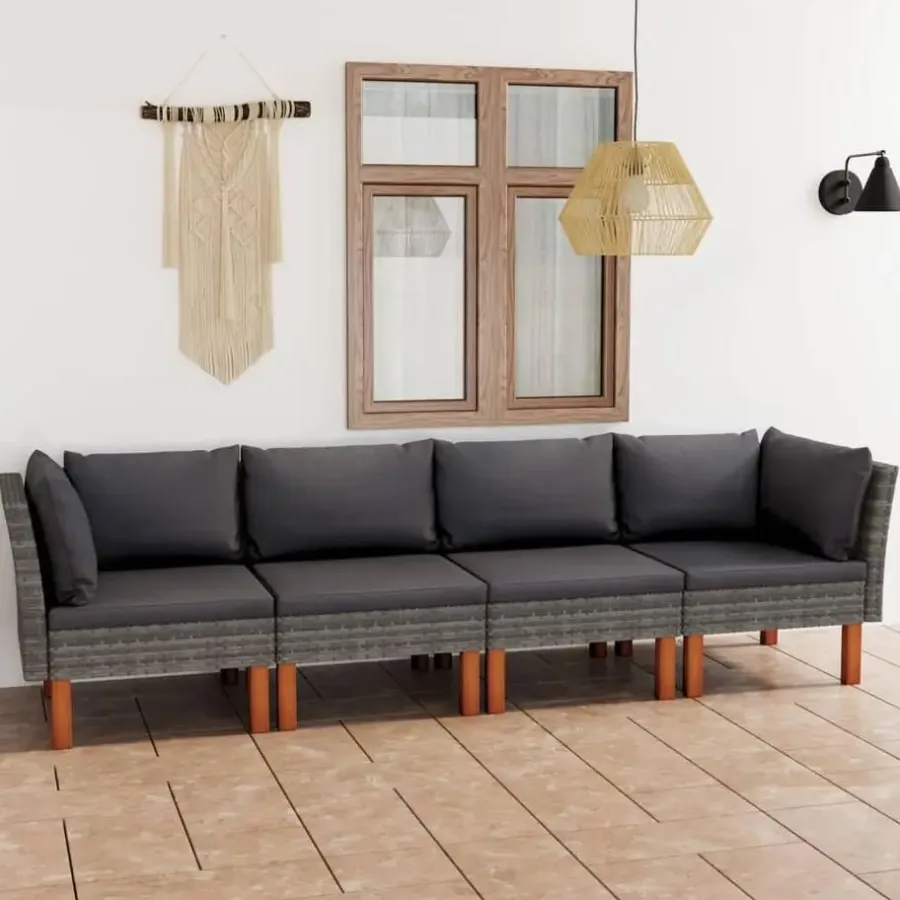 Loungebanken-vidaXL - Tuinbank 4-sits - Grijs - Poly rattan -Met kussens