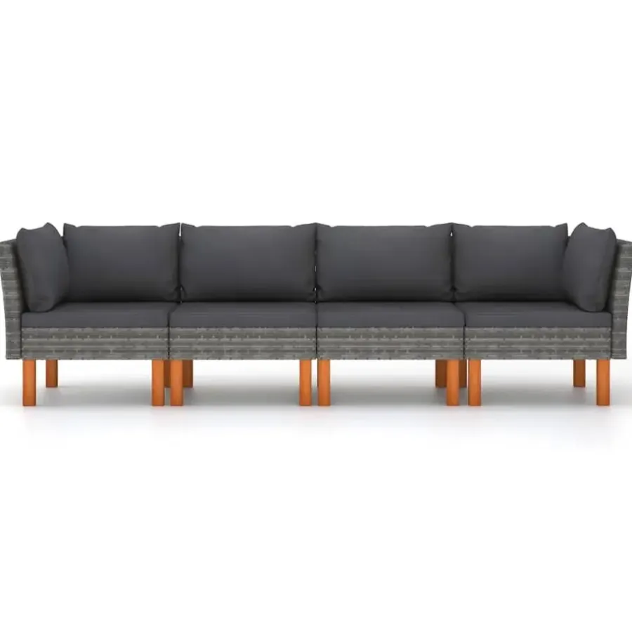 Loungebanken-vidaXL - Tuinbank 4-sits - Grijs - Poly rattan -Met kussens