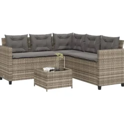 Loungesets-vidaXL - tuinbank voor 5 met kussens grijs poly rattan 3 stuks