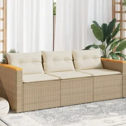 Loungebanken-vidaXL - Tuinbank 3-zits - Beige - Poly rattan - Met kussens