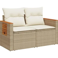 Loungebanken-vidaXL - Tuinbank 2-zits - Beige - Poly rattan - Met kussens